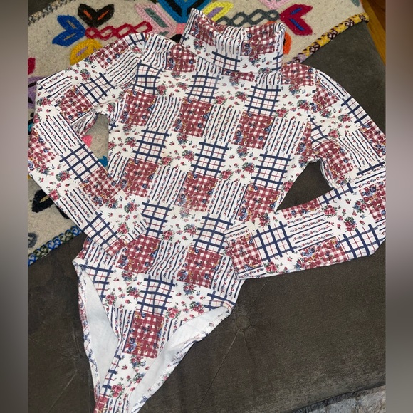 Erika & Co Tops - Vintage Floral Plaid High-Neck Bodysuit